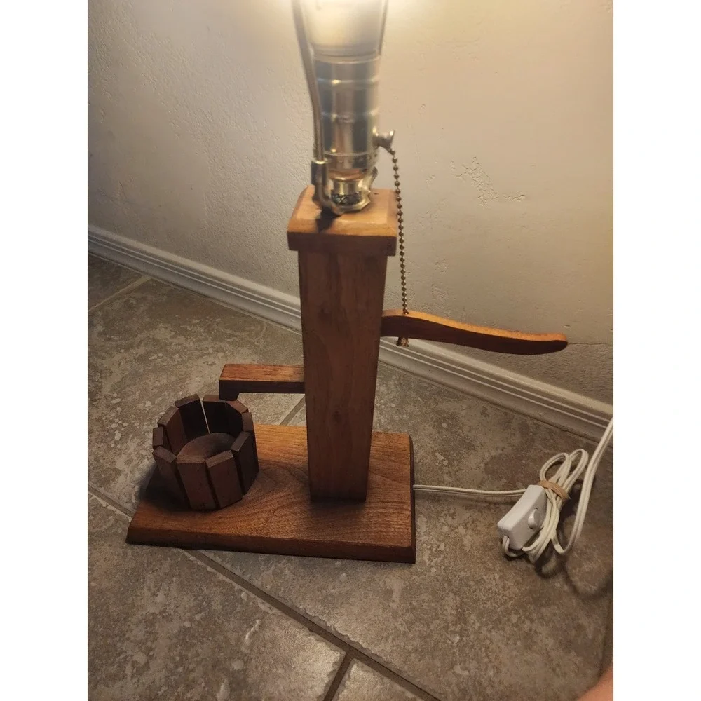 Vintage Wooden Water Pump Table Lamp Handcrafted Rustic Farmhouse Decor
